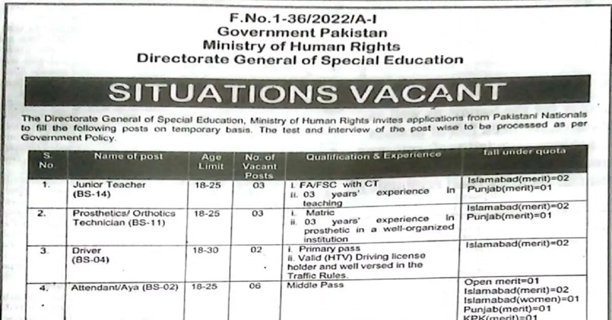 Directorate General Of Special Education Jobs May Apply Now