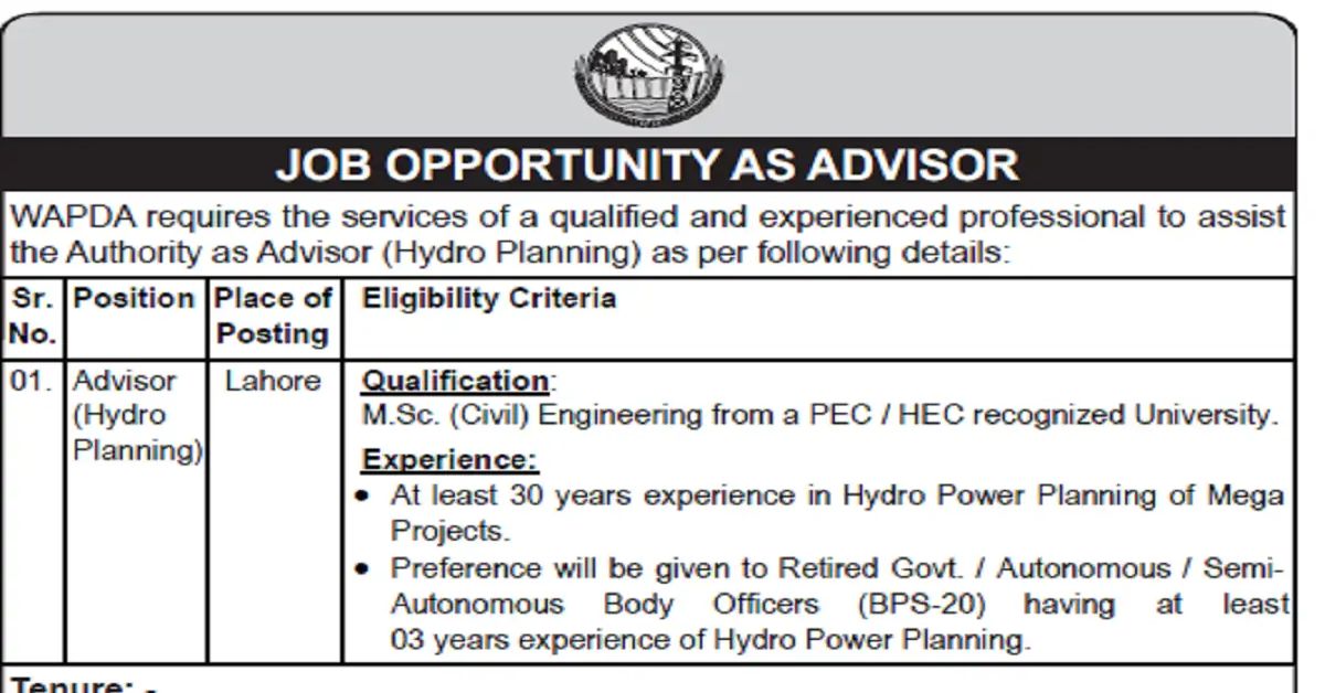 WAPDA Jobs 2023 Opportunity As Advisor Apply Now Jobzsearcher