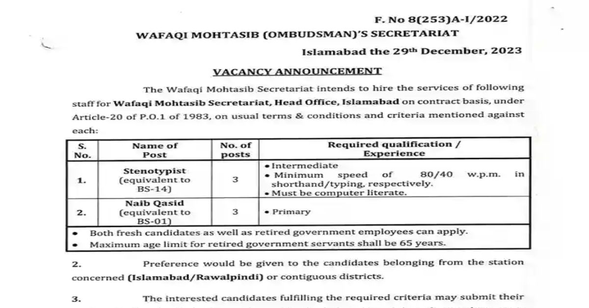 Wafaqi Mohtasib Ombudsman S Secretariat Jobs Apply Now