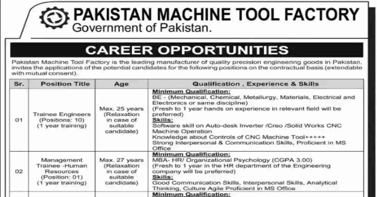 Social Image Pakistan Machine Tool Factory Jobs 2023