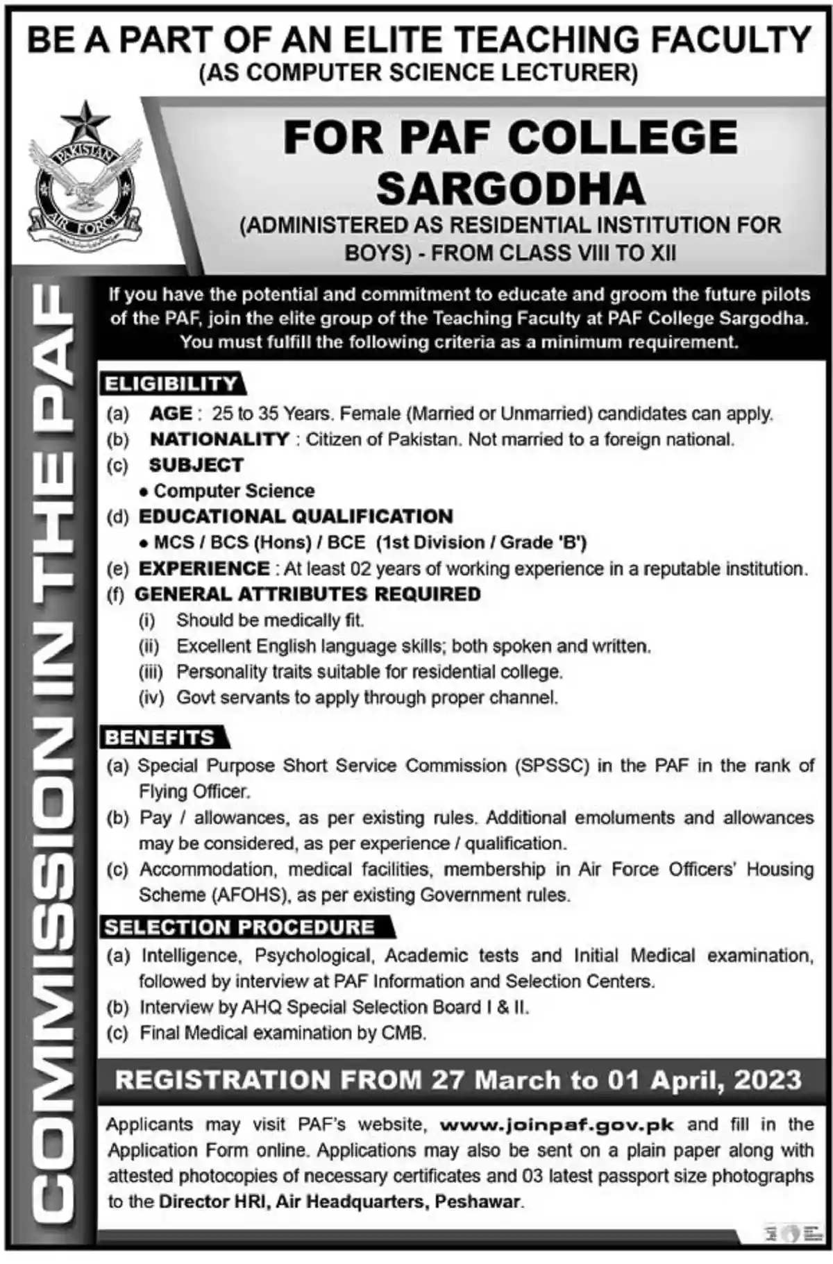 PAF College Sargodha Jobs for Females Apply Now