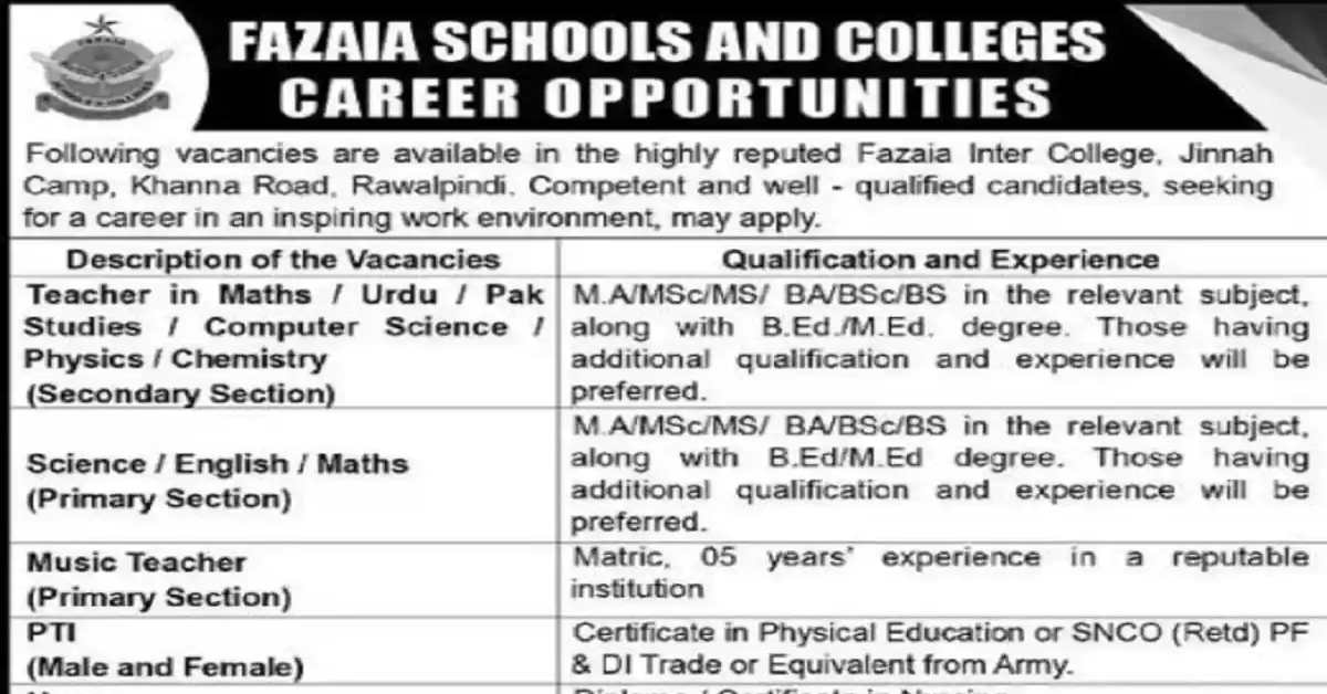 Social Image Fazaia Schools and Colleges Rawalpindi Latest Jobs Apply Now