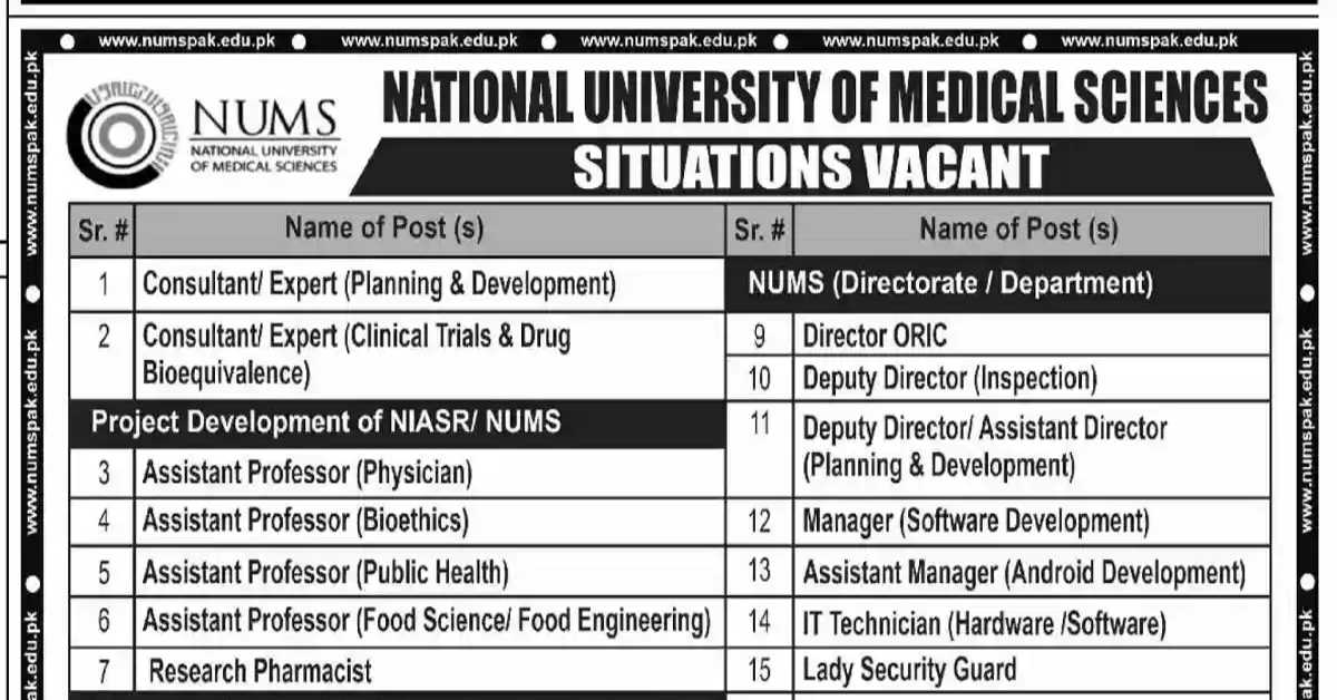 Social Image National University of Medical Sciences NUMS Latest Jobs 2023