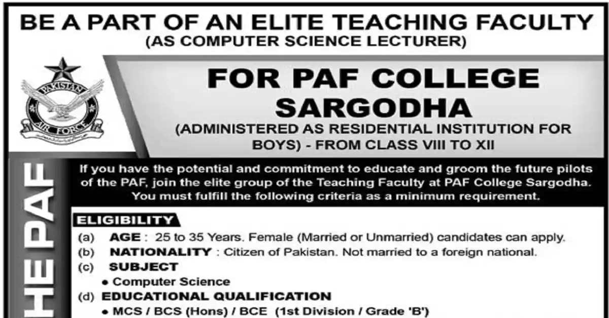 Social Image PAF College Sargodha Jobs for Females Apply Now