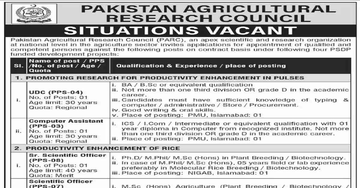 Social Image Pakistan Agricultural Research Council PARC Latest Jobs in Pakistan 2023