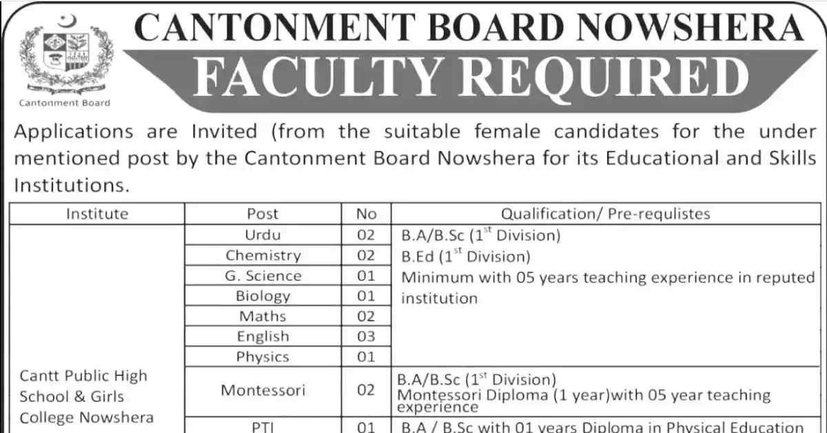Social Image Cantonment Board Nowshera Female Teaching Faculty Required