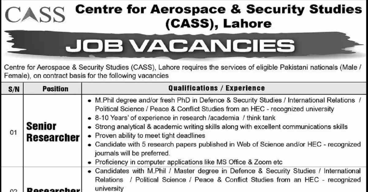 Social Image Centre for Aerospace and Security Studies CASS Lahore Latest Jobs