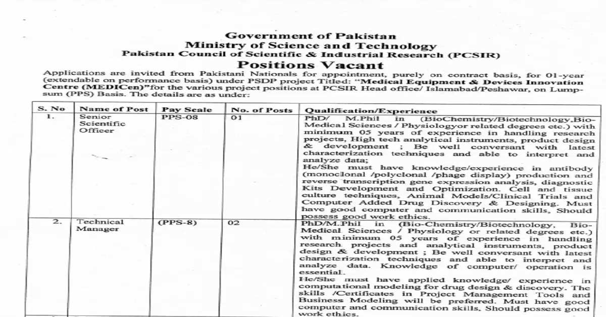Social Image Ministry of Science and Technology PCSIR Jobs Apply Now