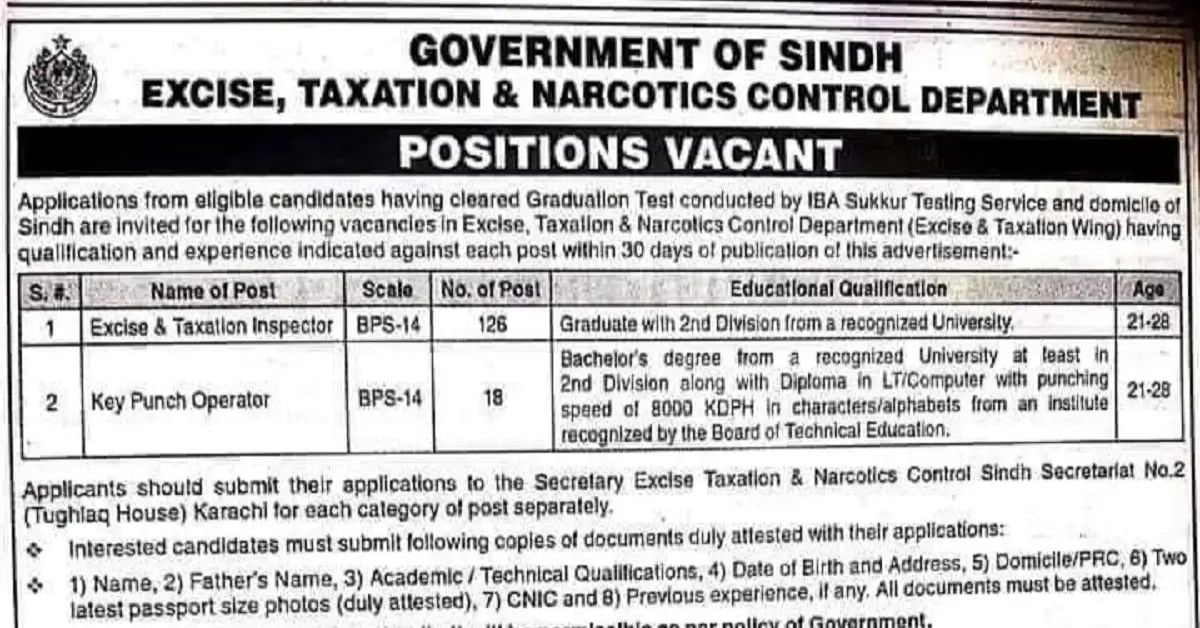 Social Image Excise, Taxation and Narcotics Control Department Jobs 2023 Apply Now