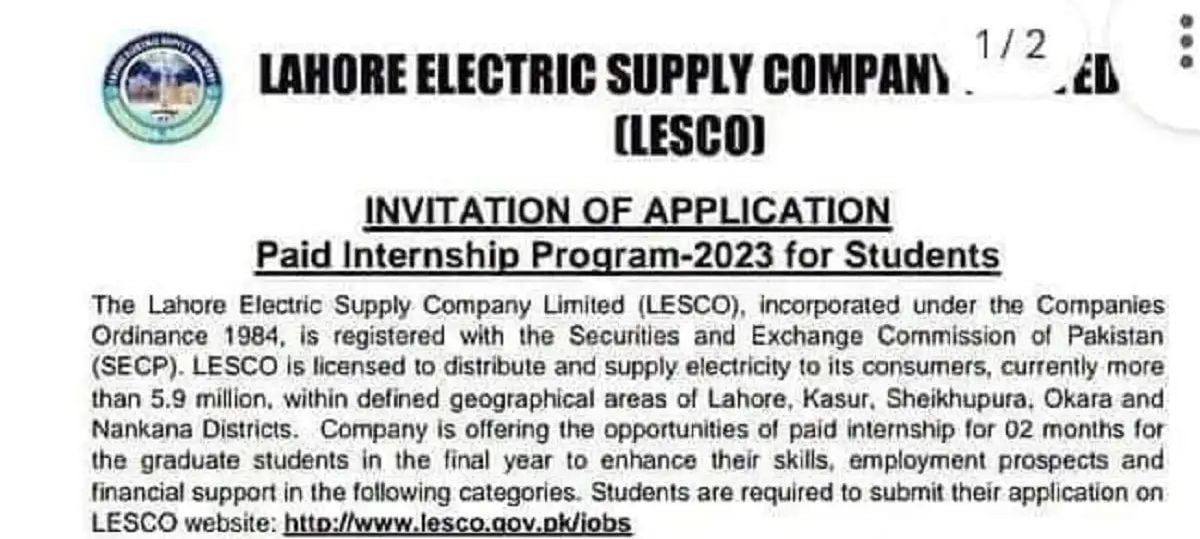 Social Image Lahore Electric Supply Company Limited LESCO Internships 2023 Apply Now