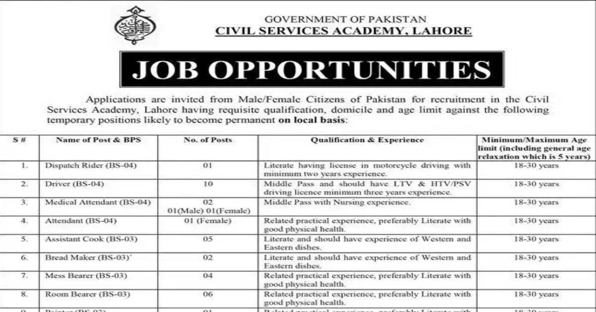 social image Civil Services Academy CSA Lahore Jobs 2023 Apply Now