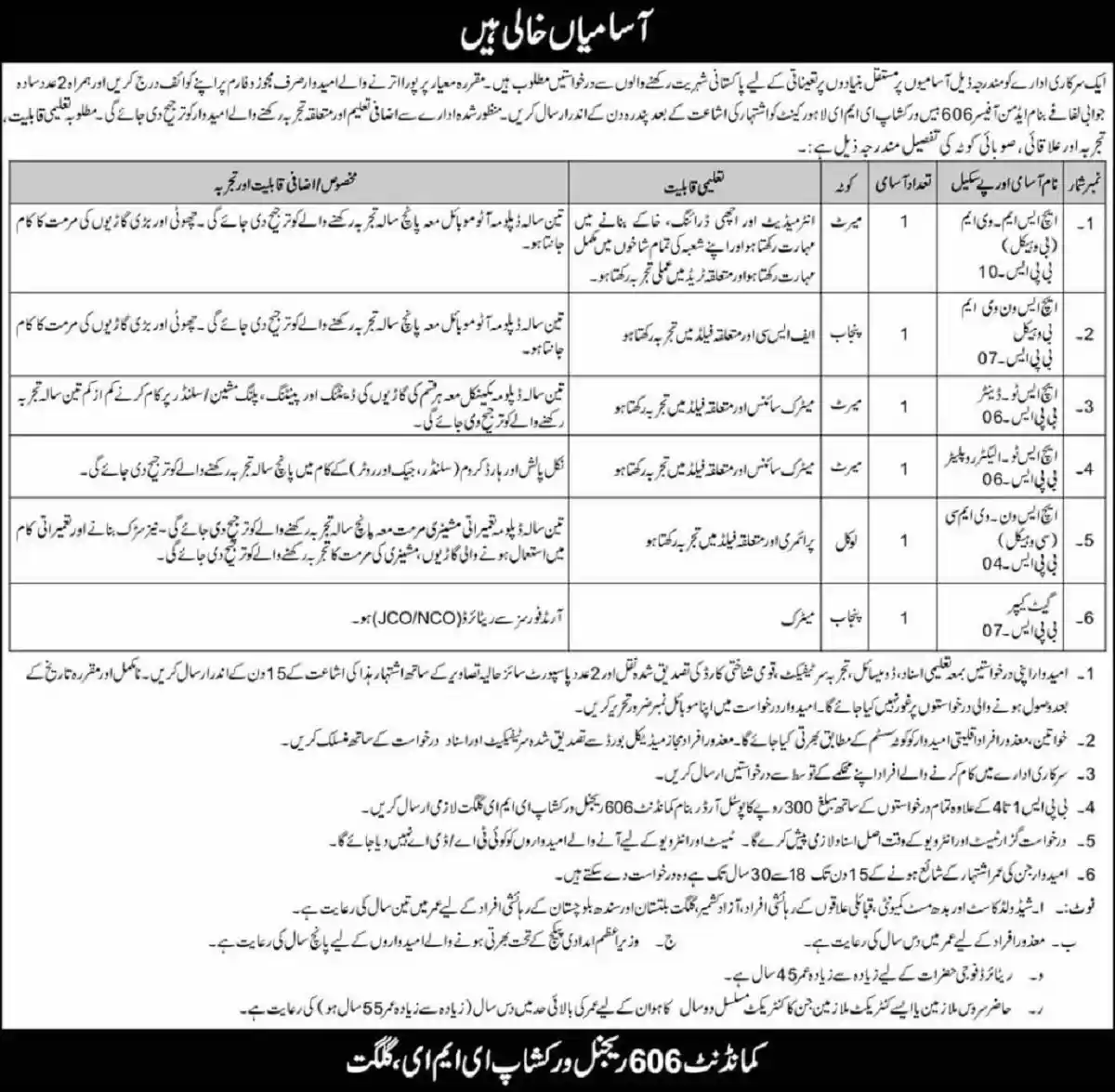 Pak Army 606 Regional Workshop EME Gilgit Latest Jobs 2023 Pak Army 606 Regional Workshop EME Gilgit Latest Jobs 2023