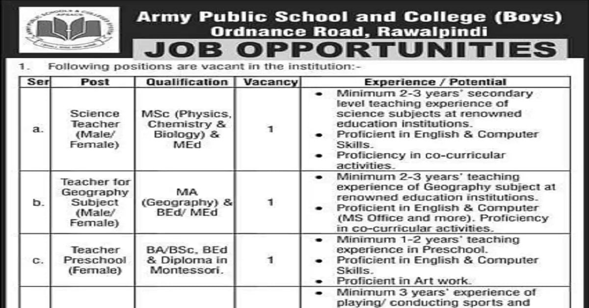 Social Image Army Public School and College APS Jobs 2023 Apply Now