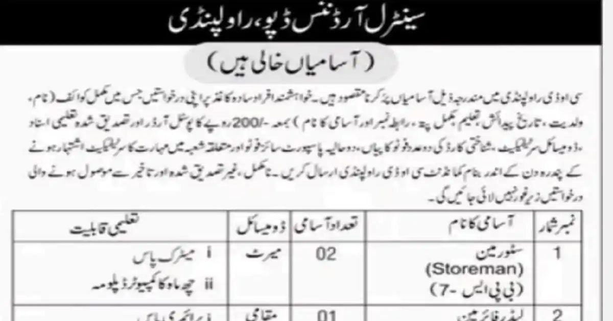 Social Image Pak Army Central Ordnance Depot COD Rawalpindi Jobs 2023