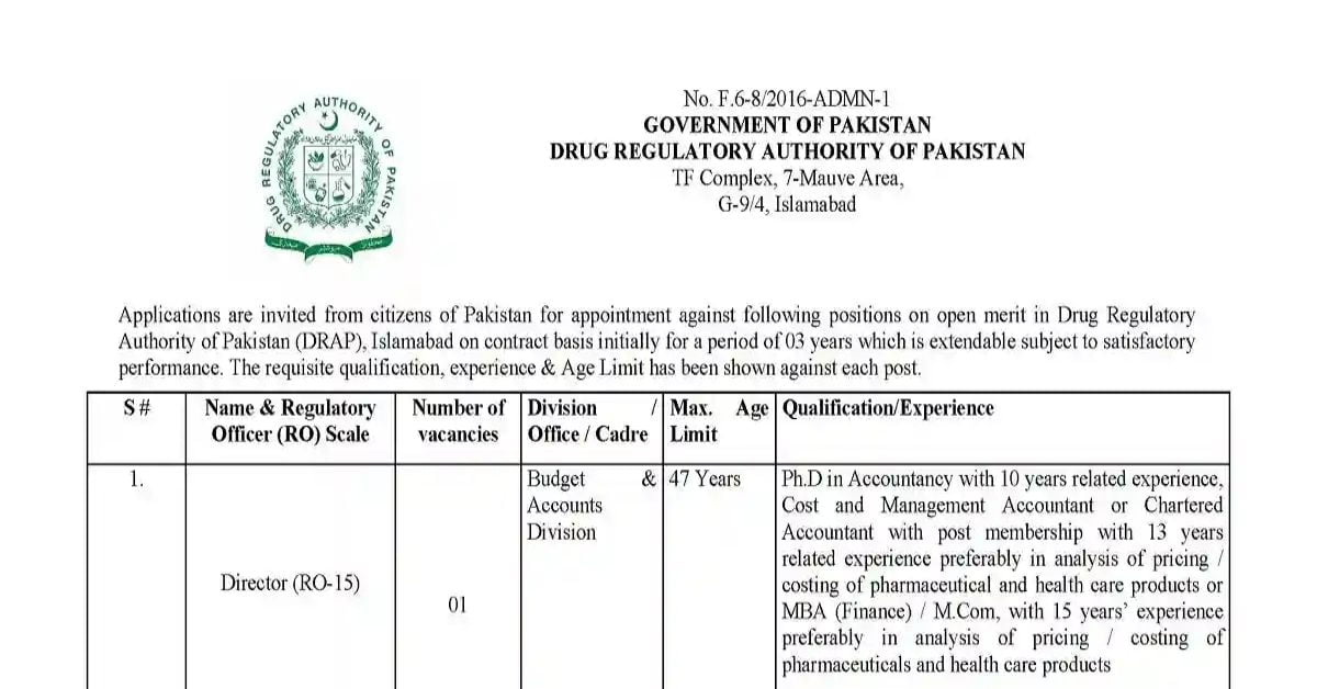 Social Image Drug Regulatory Authority of Pakistan DRAP Jobs 2023