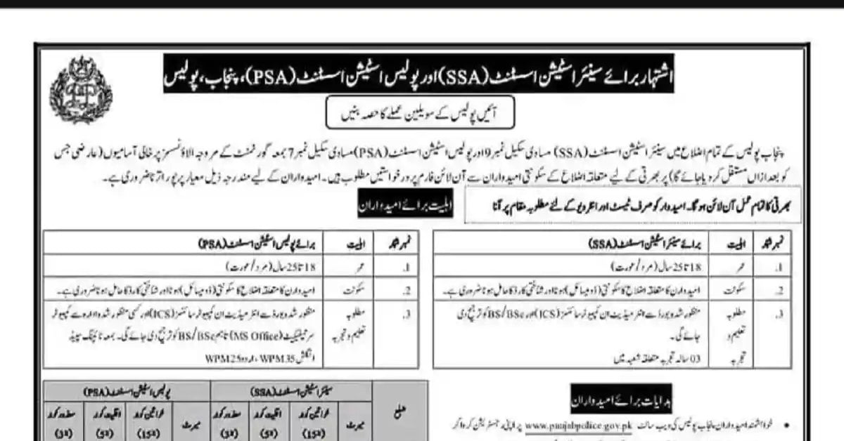 Social Image Punjab Police Jobs 2023 Police Assistant and Senior Station Assistant