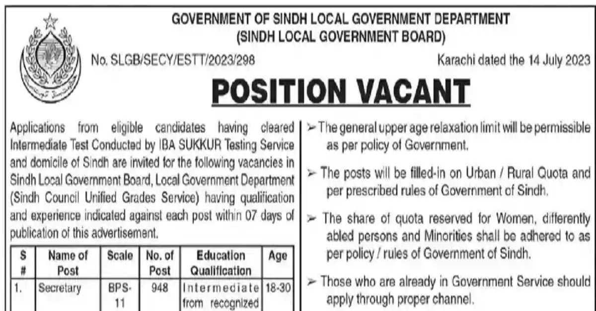 Social Image Sindh Local Government Board Jobs 2023 Apply Now