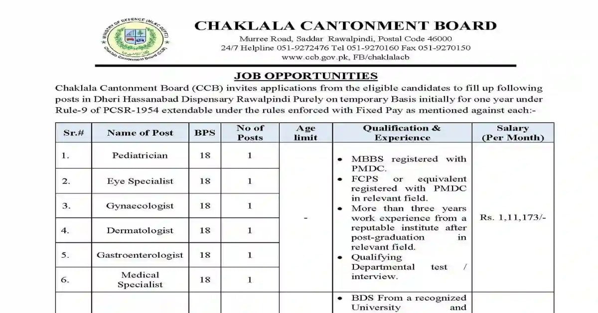 Social Image CHAKLALA CANTONMENT BOARD Jobs 2023 Apply Now