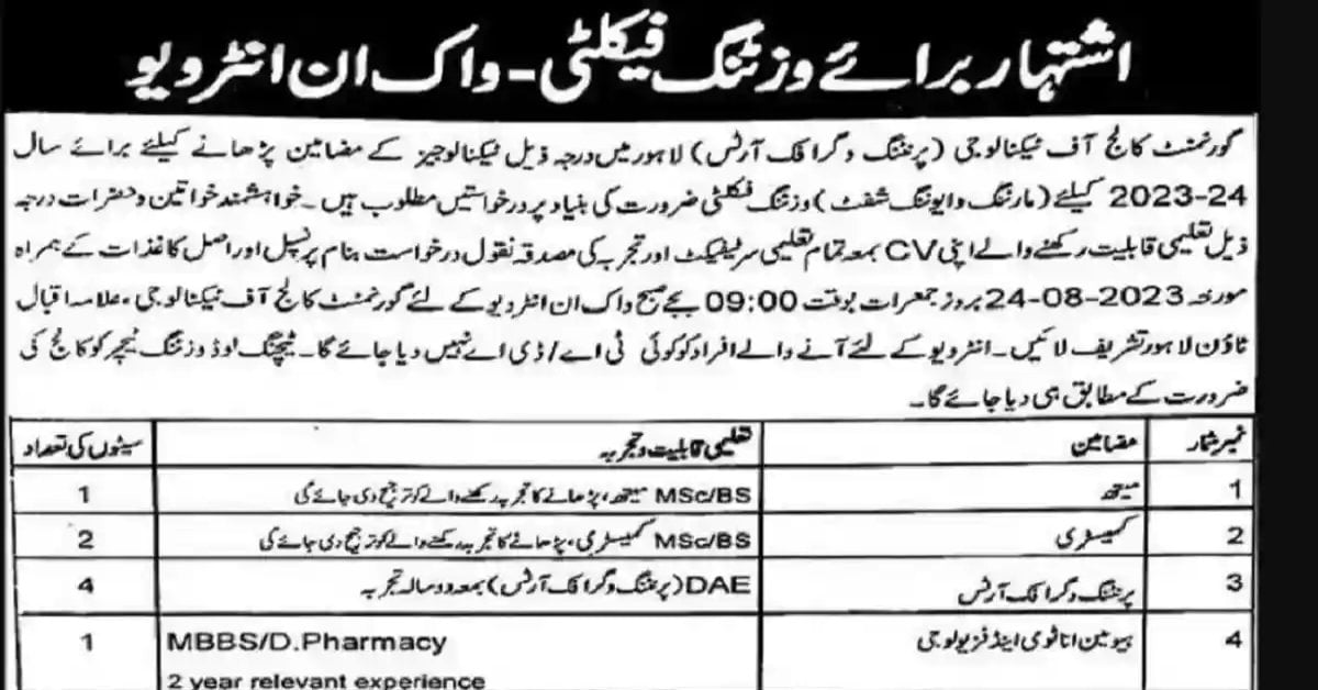 Social Image Government College of Technology Printing and Graphic Arts Jobs 2023 Apply Now