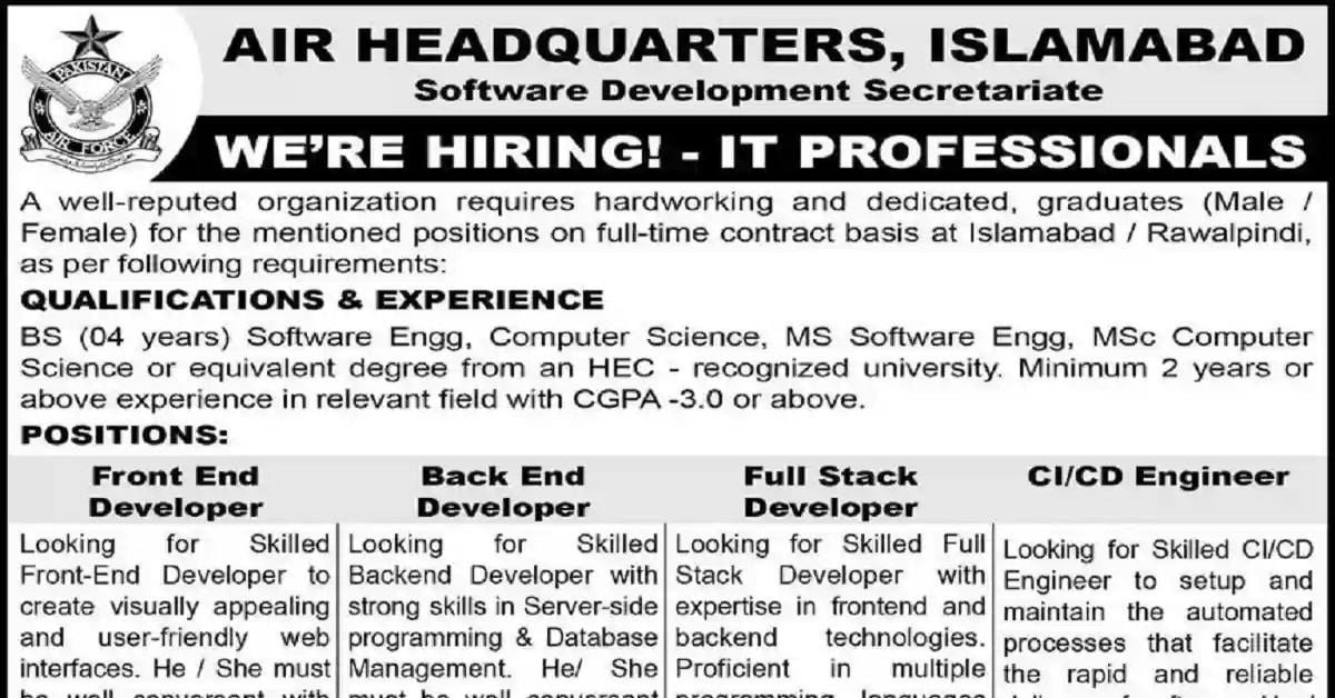 Social Image PAF AIR HEADQUARTERS Jobs 2023 IT Professionals Apply Now