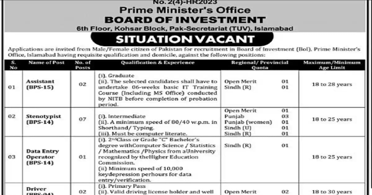 Social Image Prime Minister's Office Board of Investment Jobs 2023 Apply Now