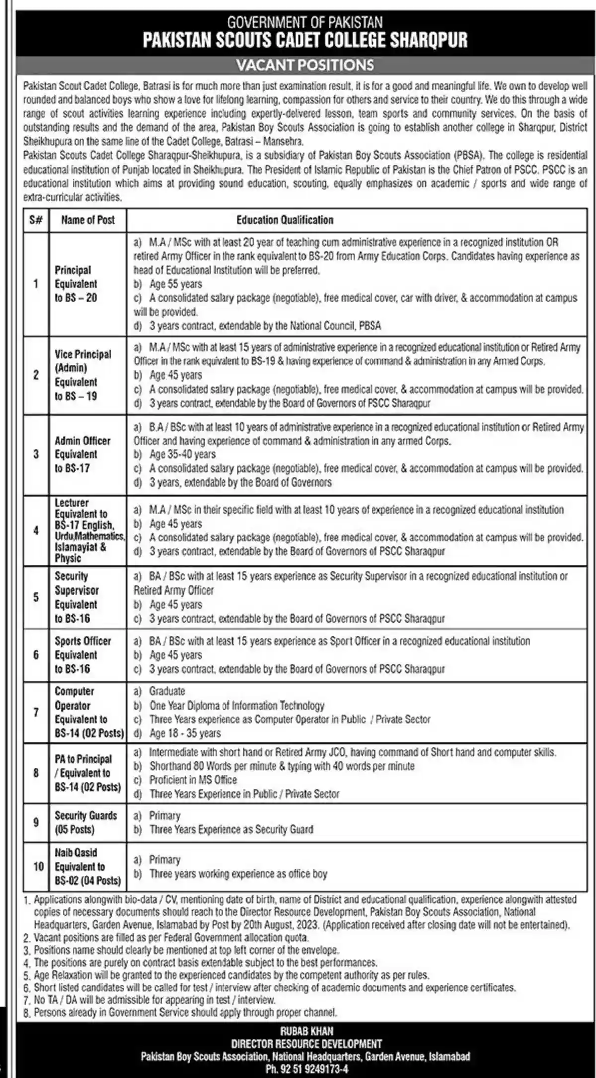 Pakistan Scouts Cadet College PSCC Sheikhupura Jobs 2023 Apply Now Pakistan Scouts Cadet College PSCC Sheikhupura Jobs 2023 Apply Now