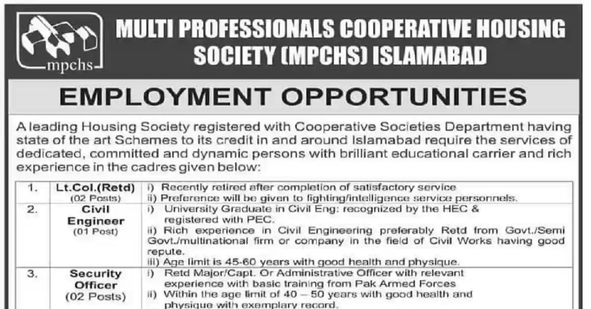 Social Image Multi Professionals Cooperative Housing Society MPCHS Jobs 2023 Apply Now