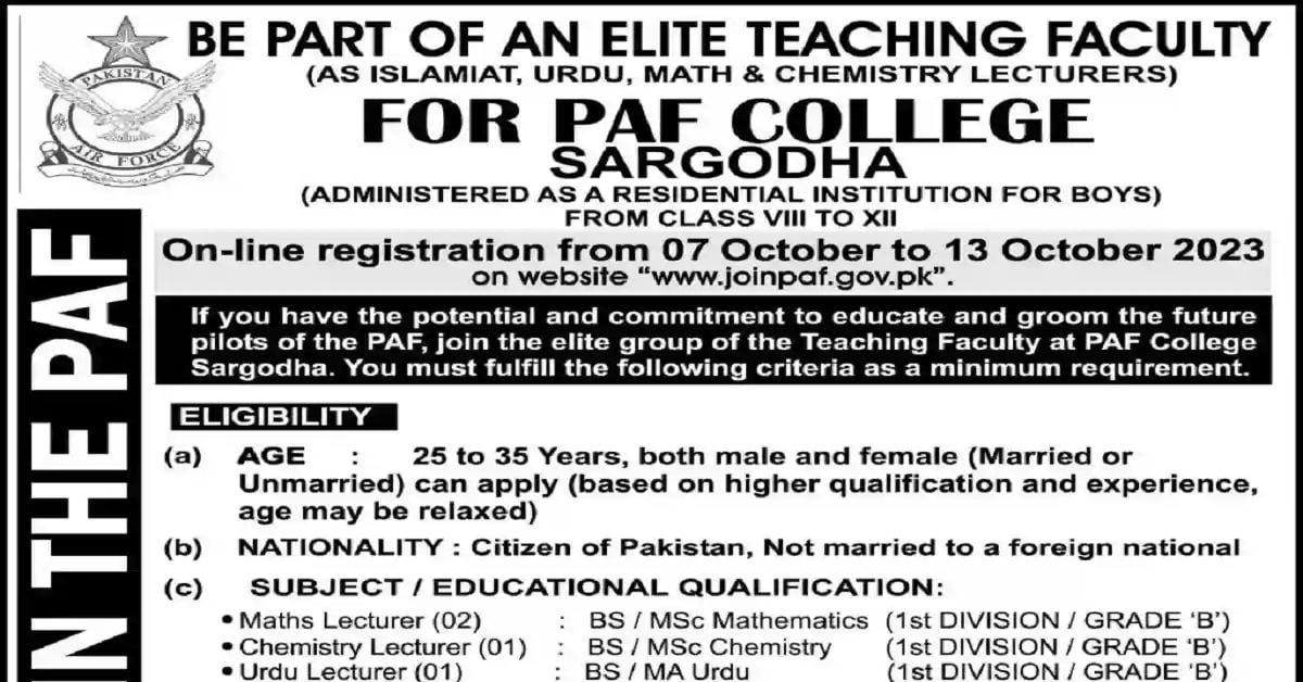 Social Image PAF College Sargodha Teacher Jobs 2023 Apply Now