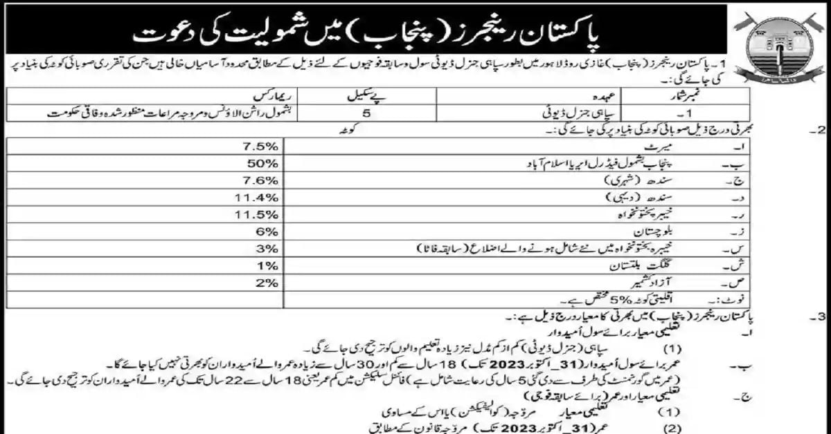 social image Join Pakistan Rangers Punjab Sepoy Jobs October 2023 Apply Now
