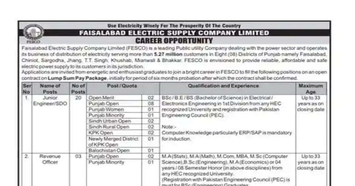 FESCO SDO Jobs 2024 Apply Now - Jobzsearcher