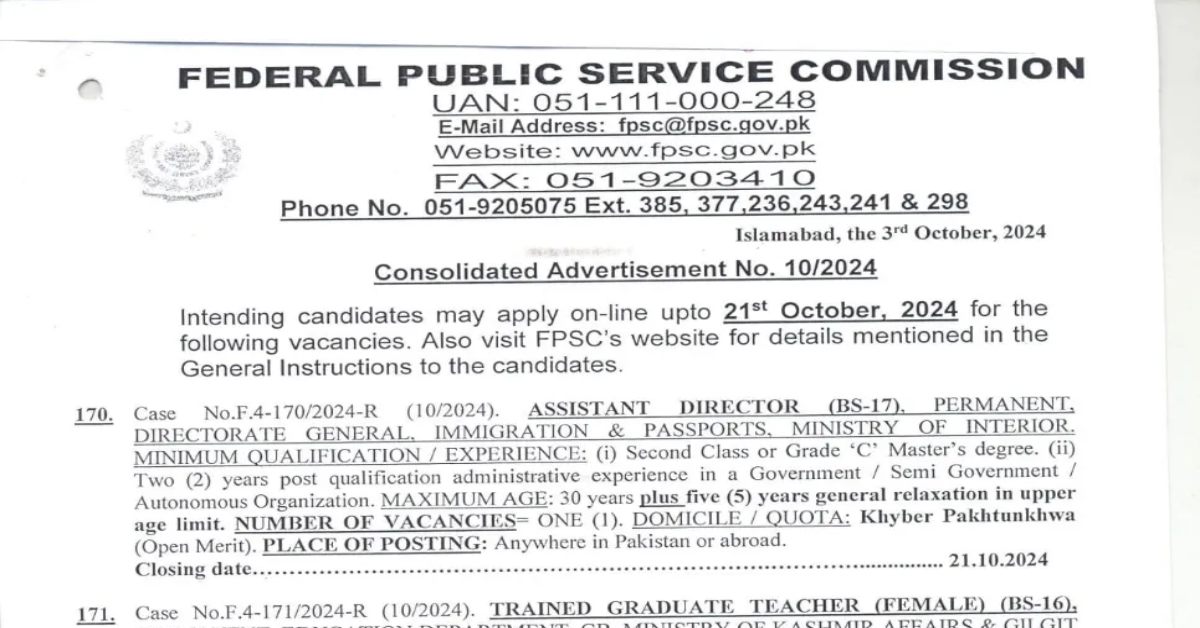FPSC Jobs Ad No 10 2024
