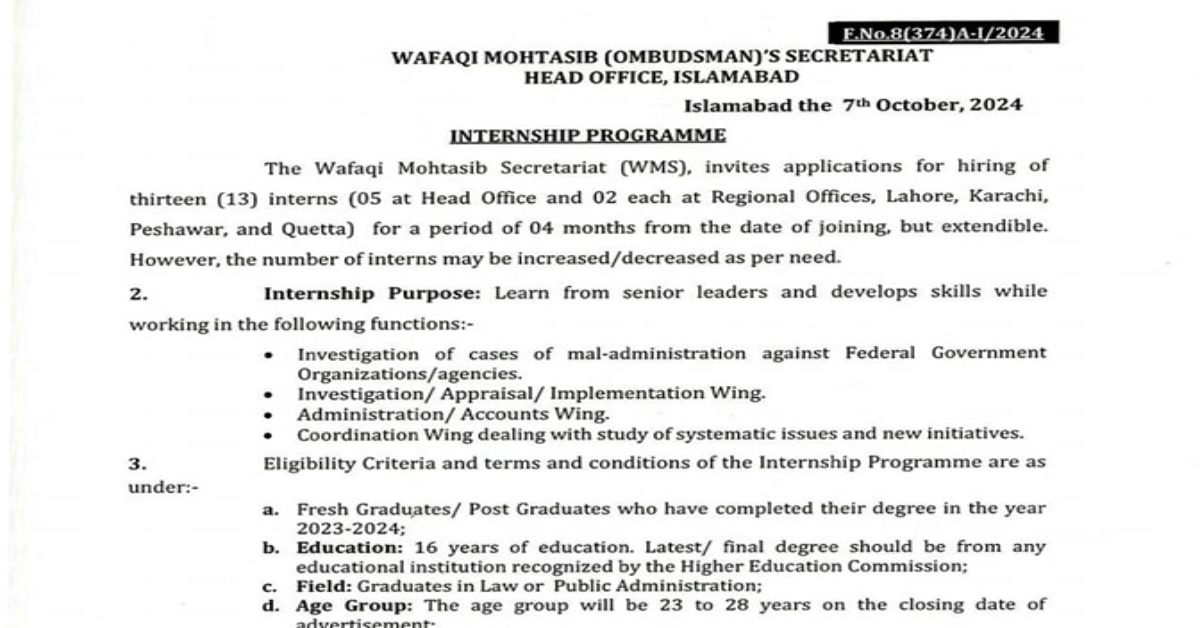 WAFAQI MOHTASIB SECRETARIAT Internships