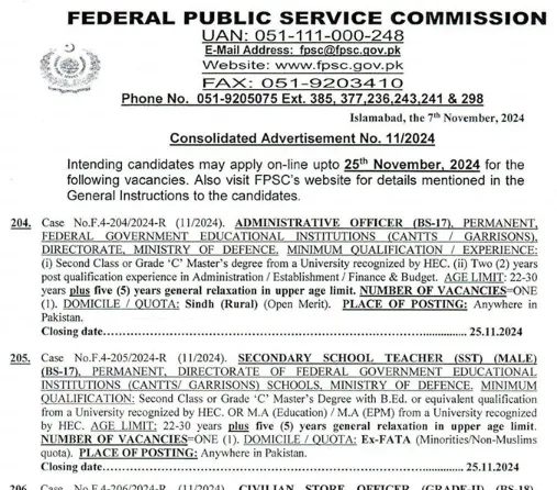 FPSC Jobs Ad No 11 2024