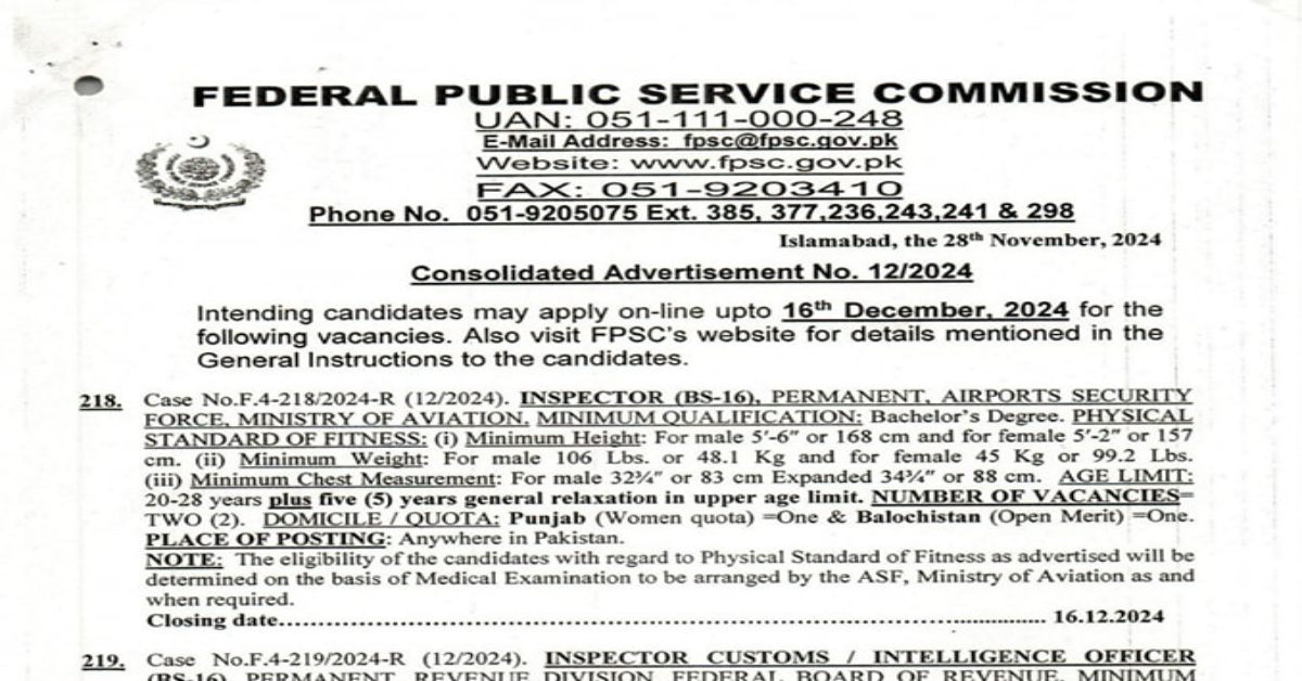 FPSC Jobs 2024 Ad No 12