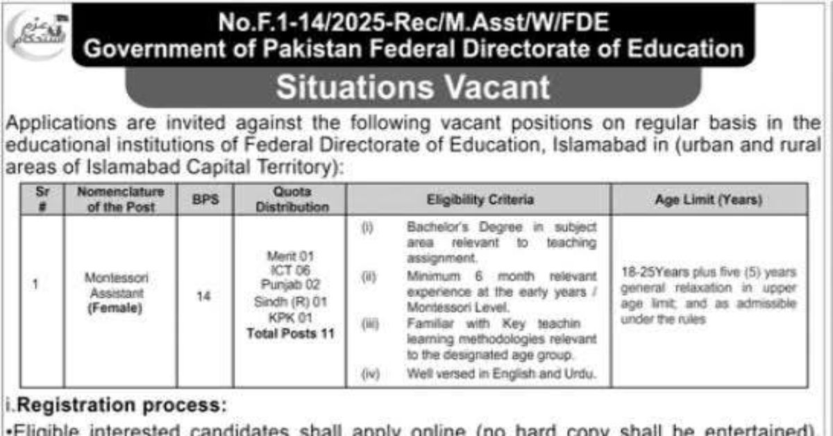 FDE Montessori Assistant Female Jobs 2025