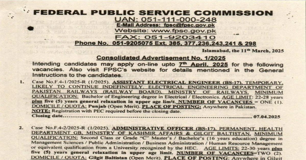 FPSC New Jobs Ad No 1 2025