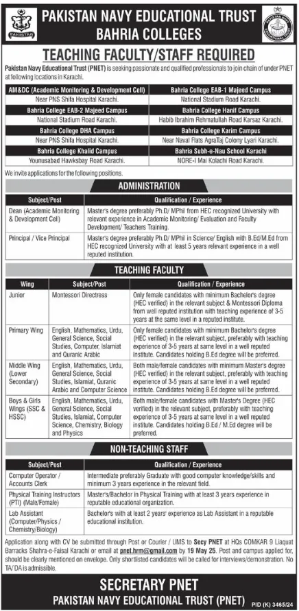 Pakistan Navy Educational Trust Bahria Colleges Jobs 2025 Pakistan Navy Educational Trust Bahria Colleges Jobs 2025