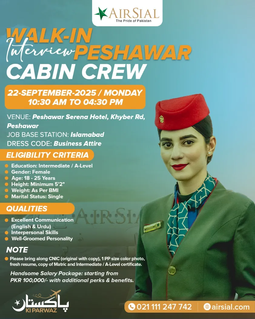 AirSial Cabin Crew Jobs Walk in Interview 2025 AirSial Cabin Crew Jobs Walk in Interview 2025