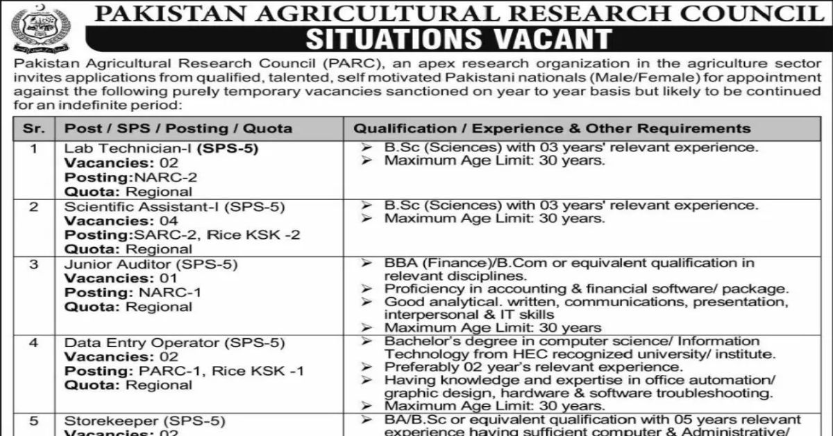 Pakistan Agricultural Research Council Jobs 2025 Apply Now
